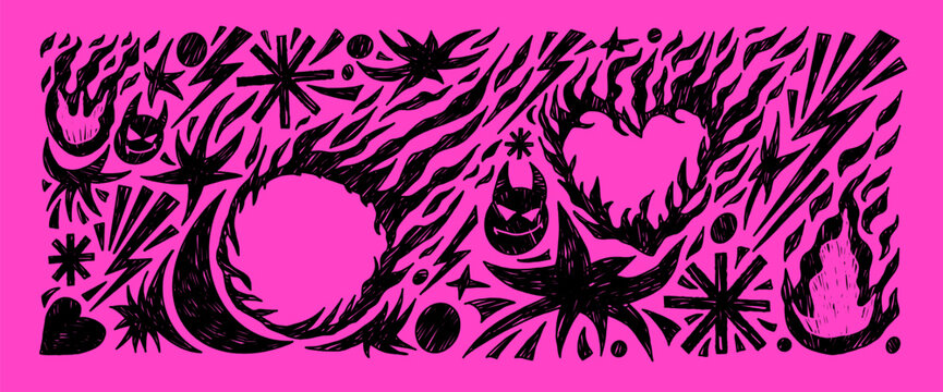 Punk rock doodles set background. Fire, burned heart, devils text boxes frames linocut composition. Scribble flames icons charcoal pattern set. Bonfire pencil background. Vector naive elements no bg.