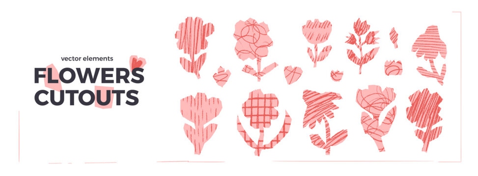 Flowers cutout pink set. Scrapbook naive floral elements. Pink collage daisy, poppy, tulip and wildflower shapes. Scrap doodles with handmade texture. Vector naive plants collages diy figures isolated