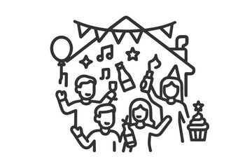 Friends enjoying a lively celebration with champagne, music, and festive party decorations