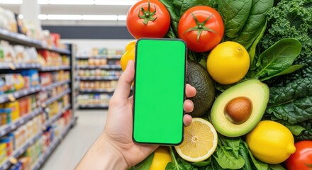Hand holding smartphone with green screen over fresh vegetable and fruit assortment in grocery store aisle background