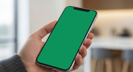 Close up of hand holding modern smartphone with blank green screen for mockup or chroma key compositing in a bright indoor setting