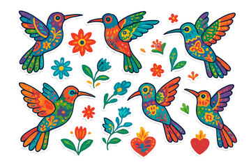Set of vibrant stylized hummingbirds and decorative floral elements in traditional Mexican folk art style
