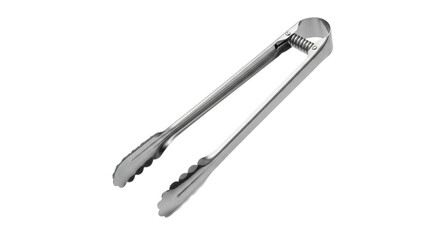 Obraz premium Elevated perspective of gleaming metal tongs, kitchen utensil with serrated grips, poised on bright white background with subtle shadowing