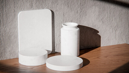 White marble podiums on wood table for product display. Minimalist 3D render with vase and textured wall. Sunlit background for cosmetic or skincare mockup with natural lighting and strong shadows.