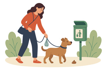 Responsible pet owner picking up dog waste using a bag near a public disposal bin