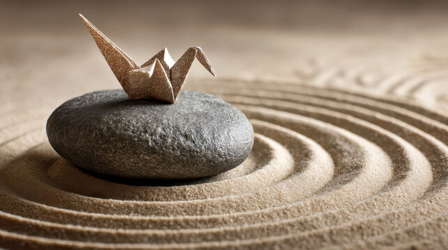 Origami crane on a smooth Zen stone with concentric sand patterns, a minimalist still life on the theme of meditation