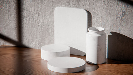 White marble podiums on wood table for product display. Minimalist 3D render with vase and textured wall. Sunlit background for cosmetic or skincare mockup with natural lighting and strong shadows.