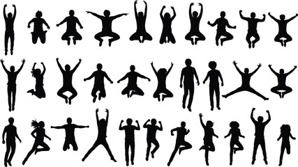 Black Silhouette Vector Set of People Jumping, Cheering, and Celebrating Success, Representing Joy, Freedom, Energy, Happiness, Achievement, Fitness, and Active Lifestyle.