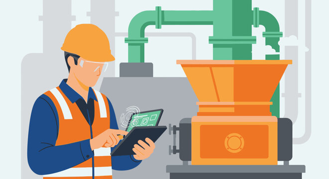 A skilled male technician wearing safety gear meticulously monitors industrial machinery using a digital tablet for efficient factory operations and maintenance.