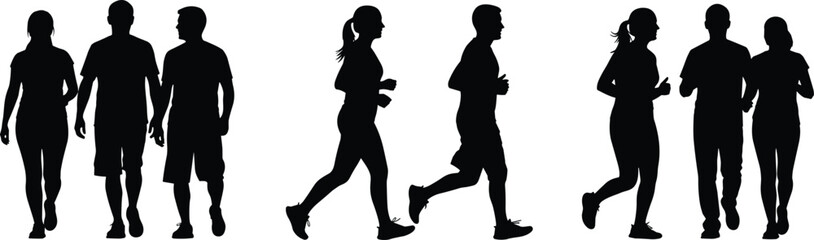 Obraz premium Black Silhouette Vector Set of People Walking, Running, and Jogging, Representing Fitness, Active Lifestyle, Exercise, Wellness, Health, Movement, and Outdoor Activity.