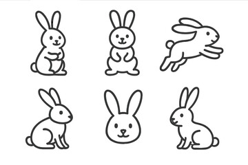 Simple outline icons of cute rabbits and bunnies in various sitting and jumping poses