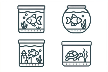 Outline icons of pet aquariums, fish tanks, fishbowls, and turtle terrariums