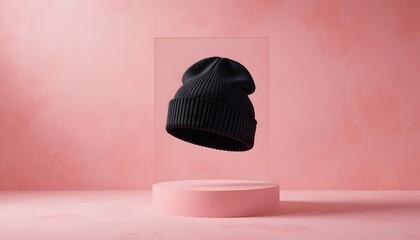 Black knitted beanie hat floating in a clear acrylic display case over a pink podium in a minimalist studio setting. black beanie