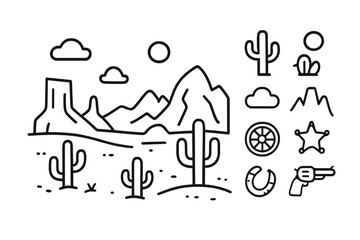 Minimalist outline icons of desert landscape and traditional Wild West cowboy symbols