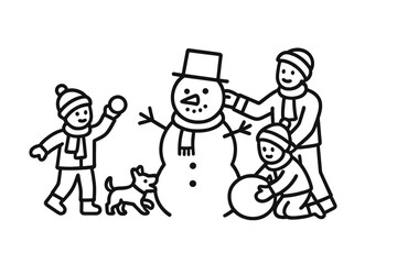 Family group building a large snowman during winter holidays with a small dog