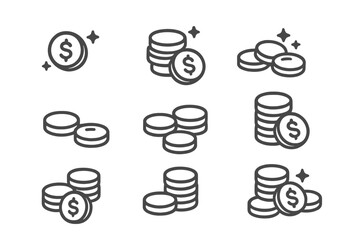 Outline symbols depicting various stacks of dollar coins and loose currency
