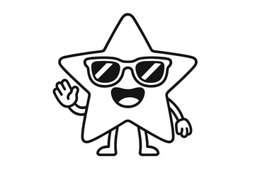 Cheerful star character wearing stylish sunglasses and waving hand in retro line art style