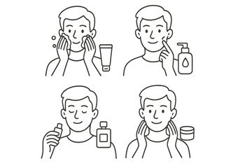 Fototapeta premium Four steps of male facial skincare routine: washing, applying toner, serum, and moisturizing cream