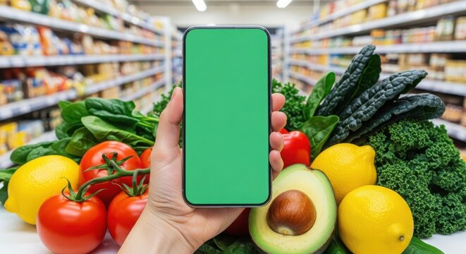 Hand holding smartphone with green screen over fresh grocery produce like avocado, tomato, lemon, and kale in supermarket aisle - Powered by Adobe