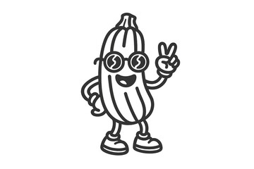 Cool cartoon zucchini character wearing sunglasses and showing peace sign gesture