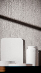 White marble podiums on wood table for product display. Minimalist 3D render with vase and textured wall. Sunlit background for cosmetic or skincare mockup with natural lighting and strong shadows.