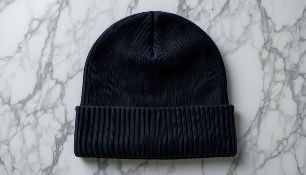 Dark blue knitted beanie hat with ribbed cuff on elegant white marble background, perfect for cold weather fashion.black beanie