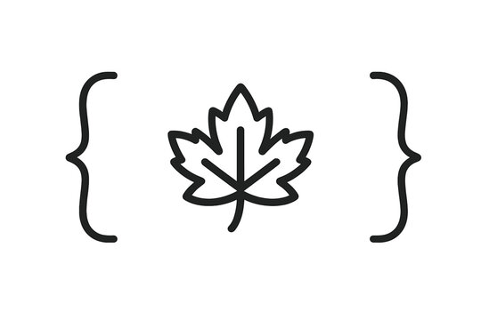 Minimalist black and white graphic depicting a stylized maple leaf symbol enclosed by curly brackets