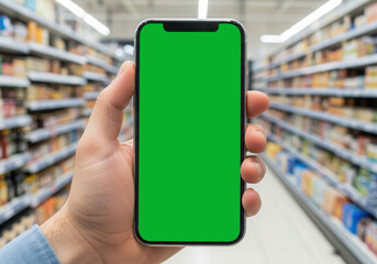 Hand holding modern smartphone with green screen mockup in foreground while standing in blurred grocery store aisle with shelves of product