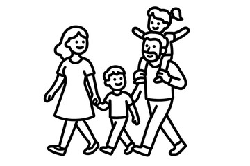 Happy family of four walking holding hands with father carrying daughter on shoulders