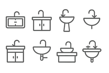 Various bathroom and kitchen sinks and washbasins with faucets outline icons