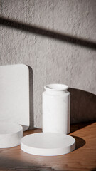 White marble podiums on wood table for product display. Minimalist 3D render with vase and textured wall. Sunlit background for cosmetic or skincare mockup with natural lighting and strong shadows.