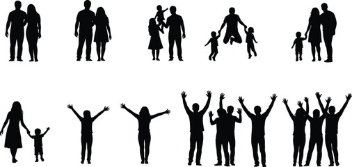 Black Silhouette Vector Set of Families and Cheering People, Representing Joy, Freedom, Celebration, Parenthood, Community, Happiness, and Active Life Together.