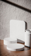 White marble podiums on wood table for product display. Minimalist 3D render with vase and textured wall. Sunlit background for cosmetic or skincare mockup with natural lighting and strong shadows.