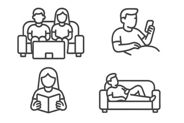 Outline icons of people relaxing at home reading books and looking at mobile phones