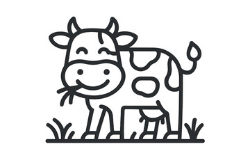 Adorable spotted dairy cow standing on green pasture eating hay with a happy smile