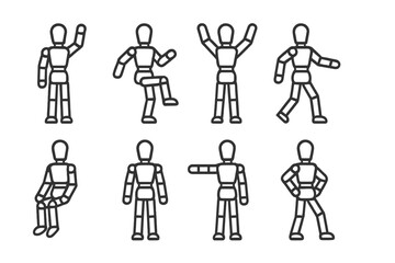Eight articulated wooden figures demonstrating various human poses and actions
