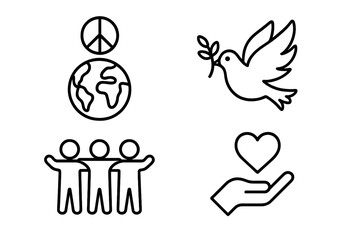 Universal symbols of peace, flying dove, world globe, and human unity heart