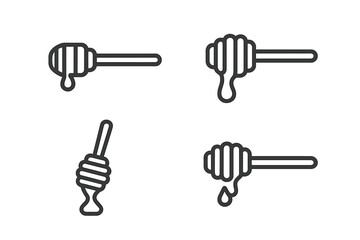 Minimalist black outline icons of honey dippers dripping sweet liquid for food concepts