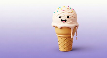 A cute, smiling ice cream cone with sprinkles and dripping sauce on a gradient background.