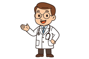 Smiling male doctor wearing a lab coat and stethoscope making a welcoming gesture