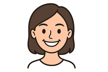 Simple cartoon portrait of a smiling young woman with short brown hair