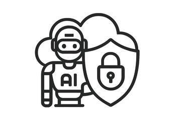 Artificial intelligence robot protecting cloud data with a security shield and padlock icon