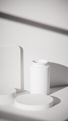 White marble podiums on wood table for product display. Minimalist 3D render with vase and textured wall. Sunlit background for cosmetic or skincare mockup with natural lighting and strong shadows.