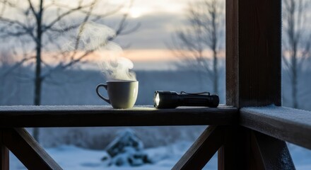 Winter warmth: Steaming beverage and luminous flashlight against a snowy landscape backdrop