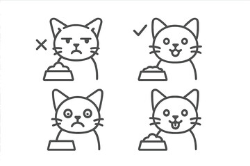 Set of feline emotion icons showing happy, sad, angry, and satisfied cat faces near food bowls