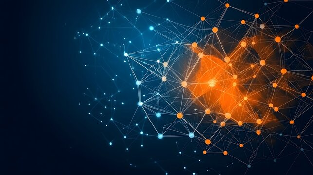 The image displays a network of interconnected nodes and lines, with a gradient of colors transitioning from cool blue to warm orange, suggesting connectivity or data visualization.