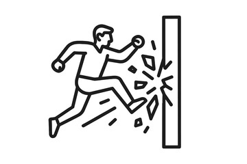 Determined person running forward and shattering a concrete wall for breakthrough