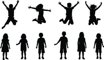 Black Silhouette Vector Set of Diverse Young Children Jumping and Standing, Capturing the Concepts of Joy, Freedom, Play, Energy, Childhood, Happiness, and Active Life.