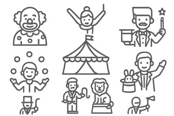 Outline icons set featuring various circus performers, animals, and the main tent structure