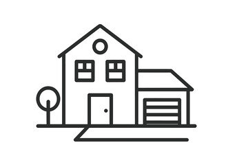 Simple outline icon of a residential house with an attached garage and small front yard tree